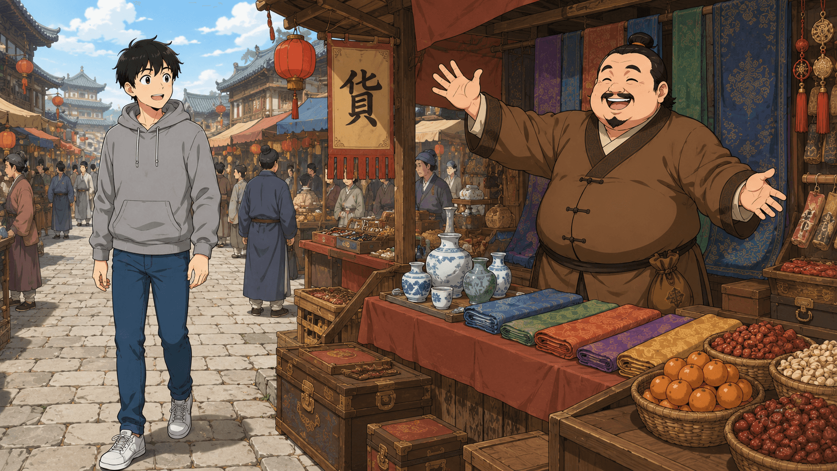 色とりどりの市場に圧倒される健。