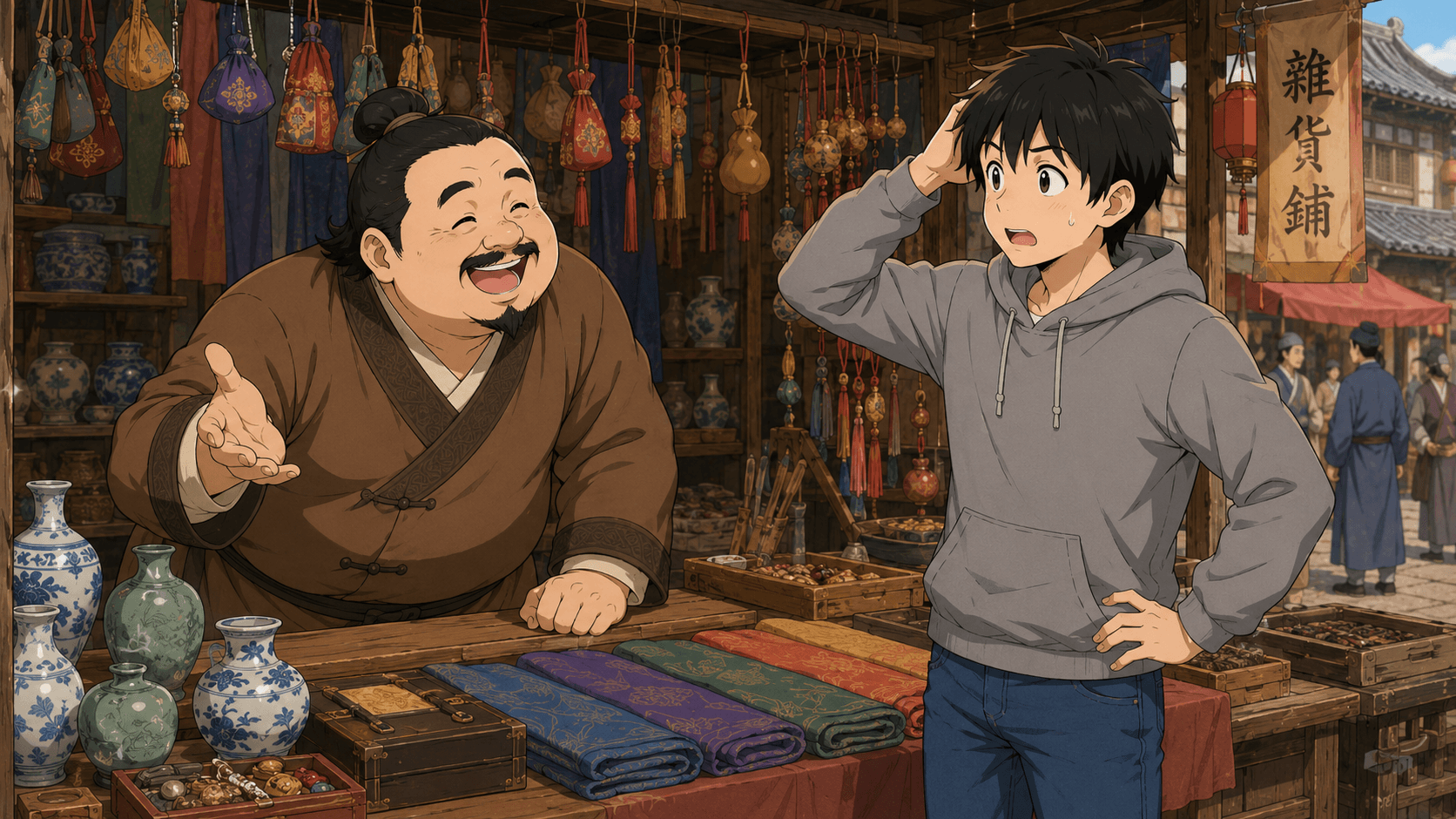 でかい声で客を呼ぶ老王に玲が近づく。