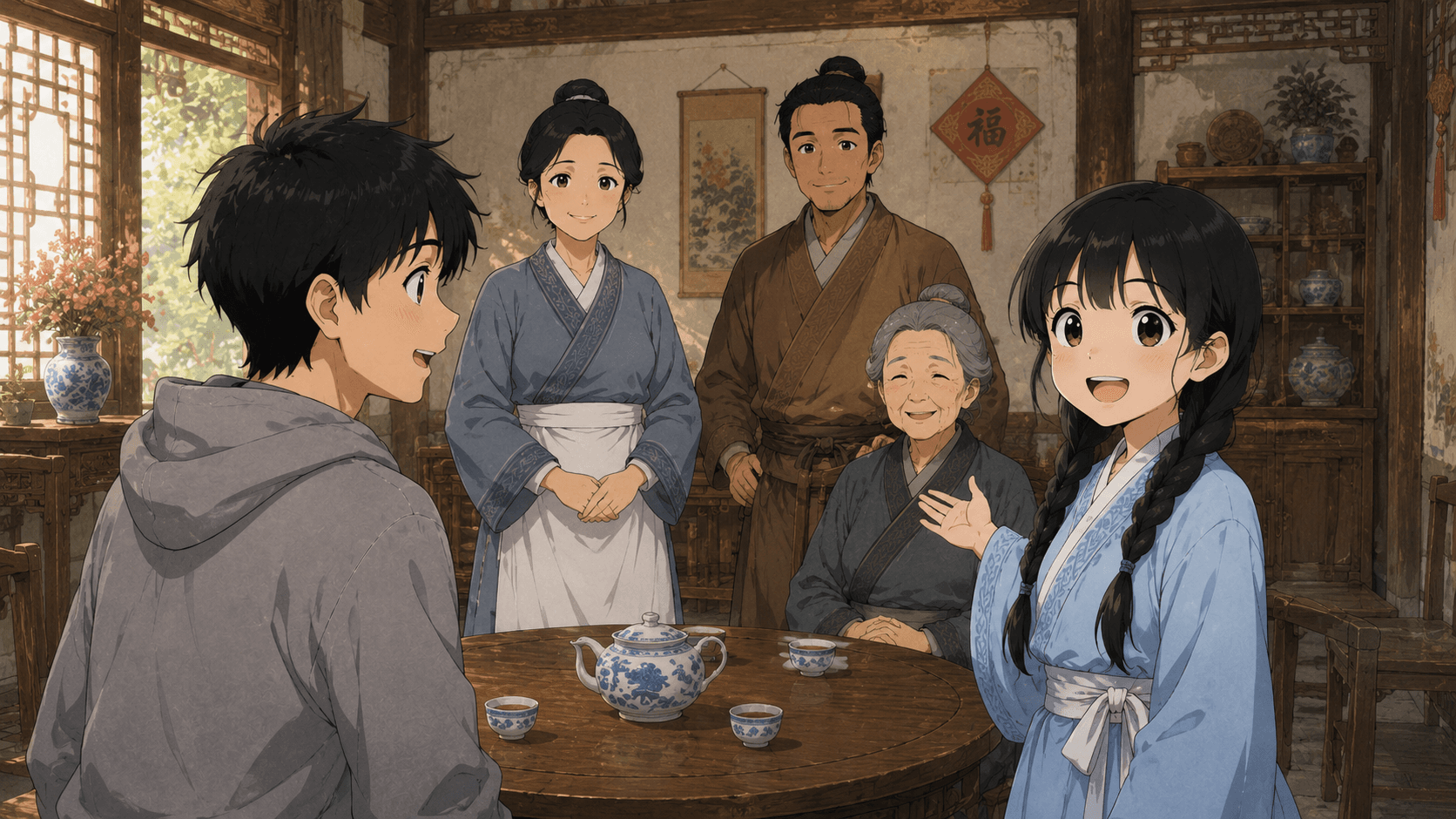 夕食後の居間。隣に座ってくる鈴鐺、お茶を飲む玲。