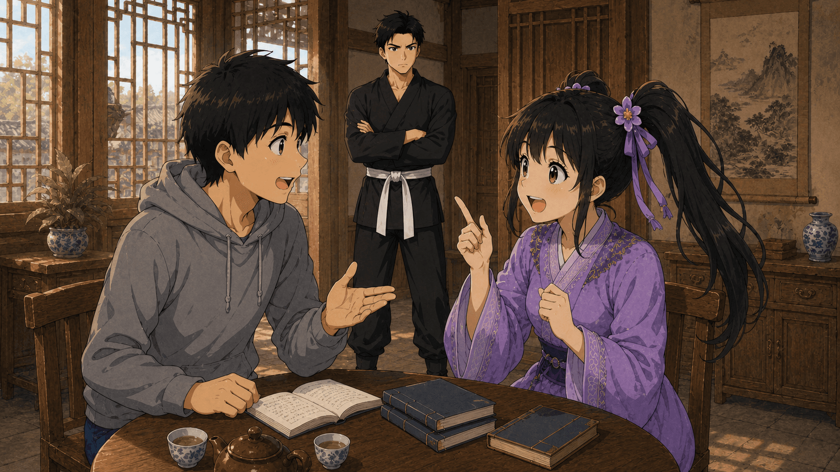 城の歴史300年を聞いて驚く一行。鈴鐺が「何度来ましたか？」と質問。