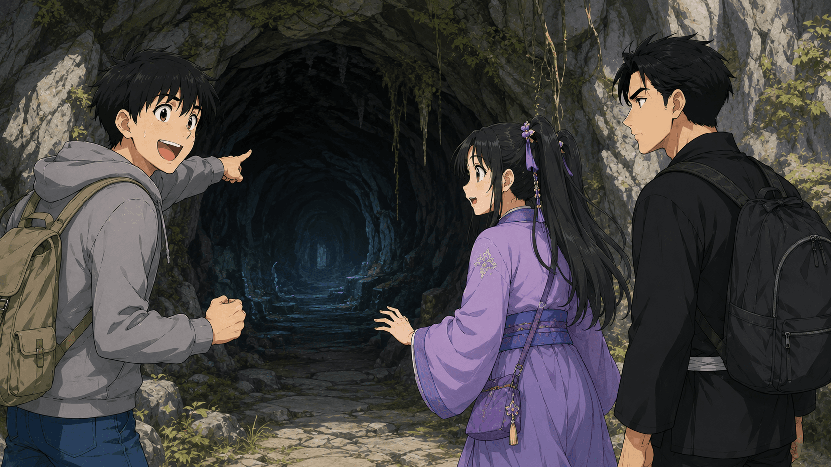 「山洞＝地下城！」と興奮する健。「腿が痛いって言ってたじゃん」と鈴鐺。