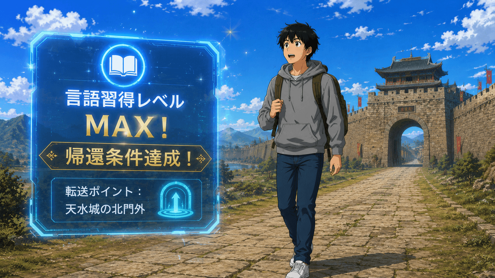 言語習得ゲージMAX！「帰還条件達成」のスキルUI。北門へ向かう健。