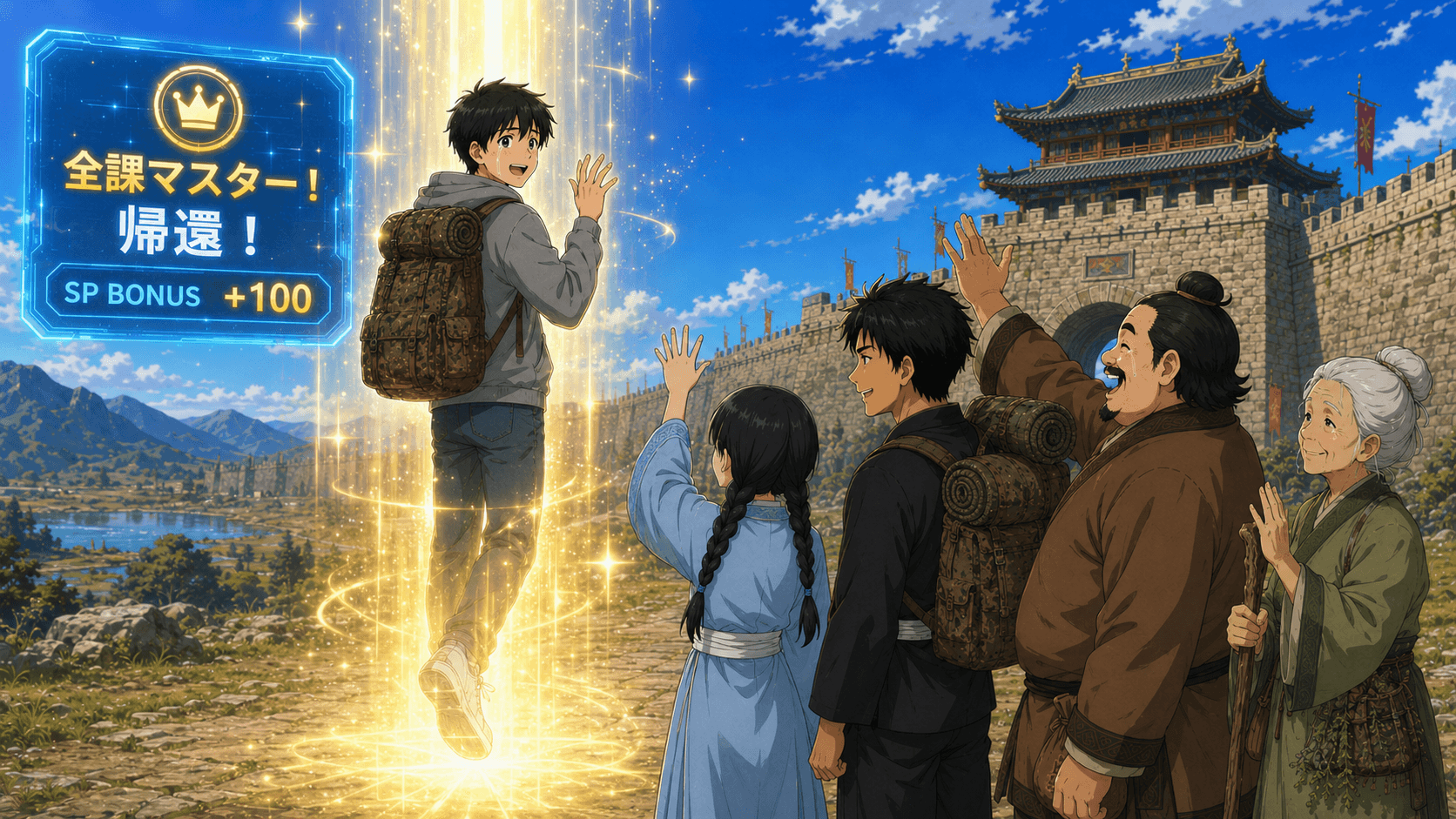 「祝你一路平安！」全員の声に送られ光に包まれる健。「次のミッション：???」