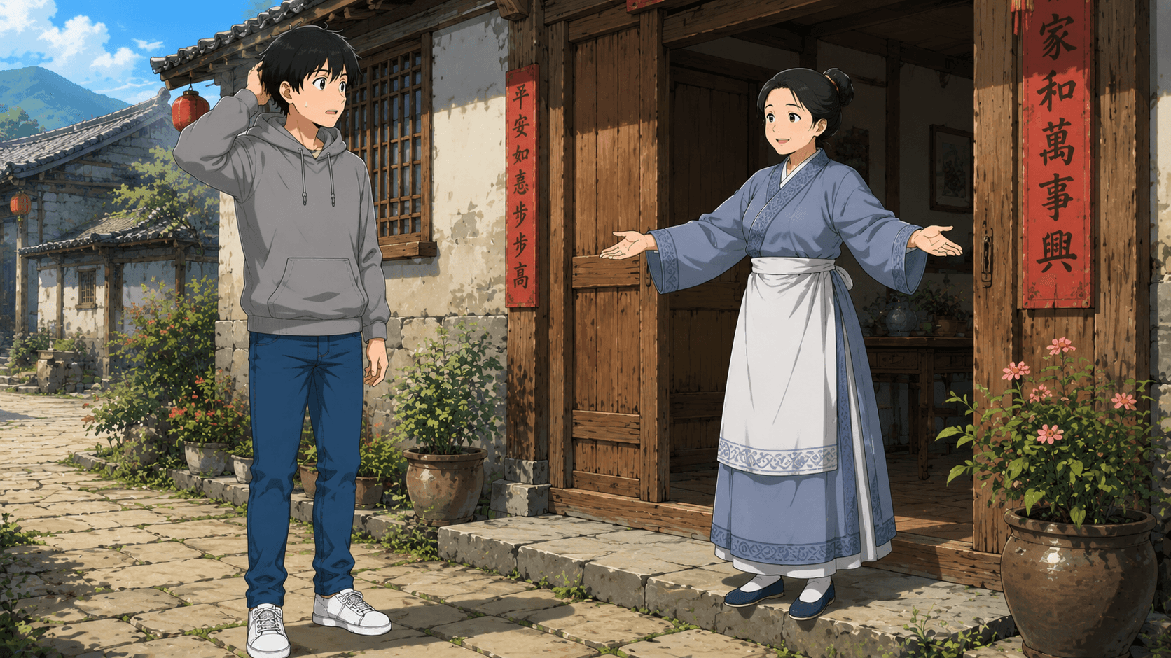 村人Aに体調を聞かれ、えいやと返事する健。