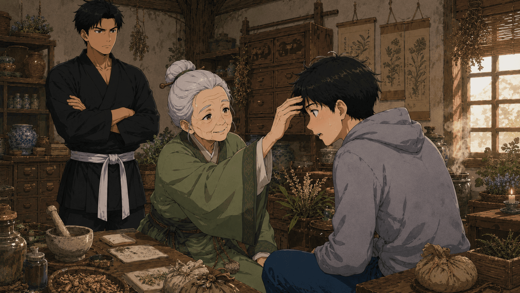 「どこが悪い?いつから?」と丁寧に診察する薬婆。